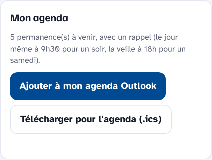Carte « Mon agenda » avec les boutons Ajouter à mon agenda Outlook et Télécharger pour l'agenda