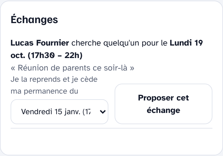 Carte Échanges avec une demande et une proposition