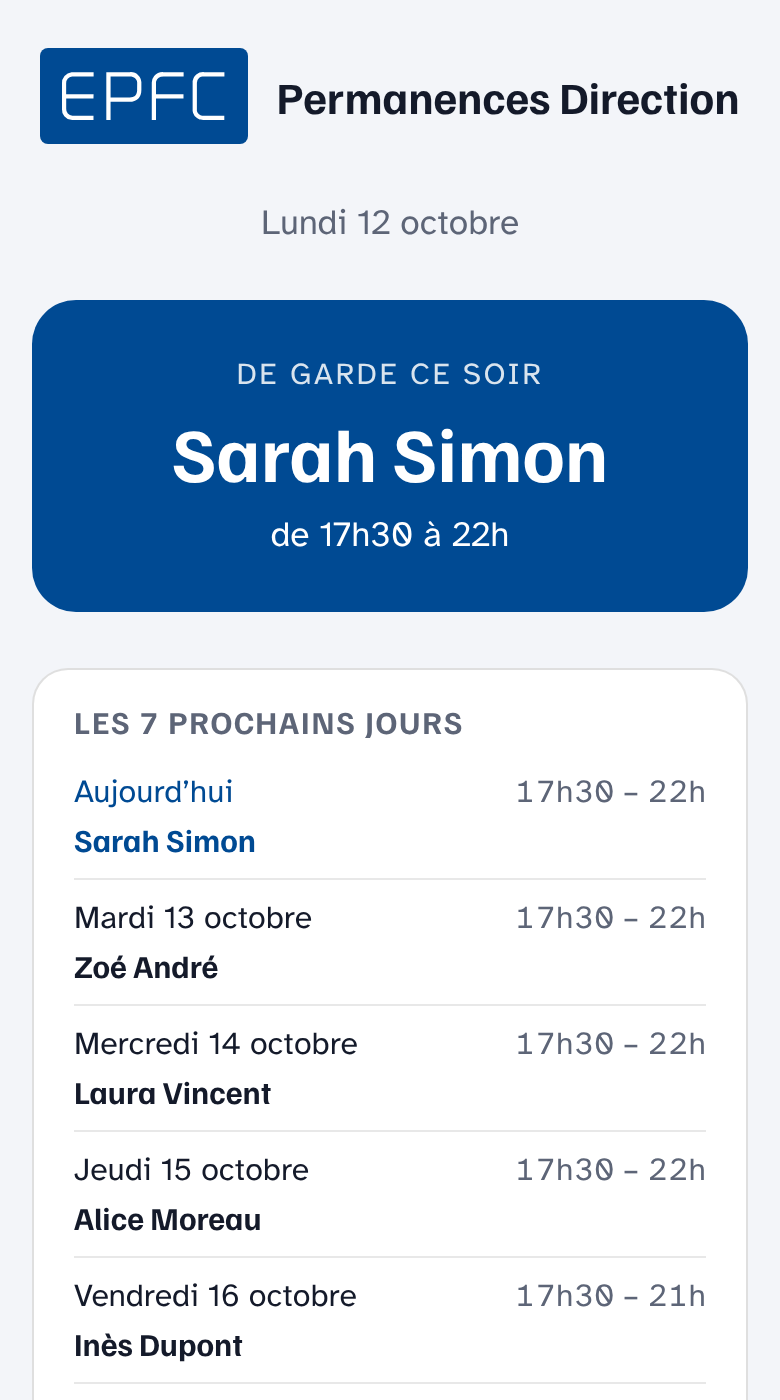 Page publique avec la personne de garde du jour