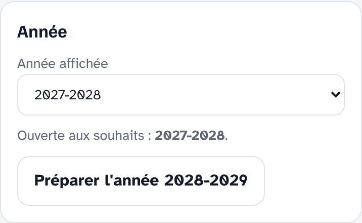 Carte Année avec le choix de l'année et le bouton Préparer l'année suivante