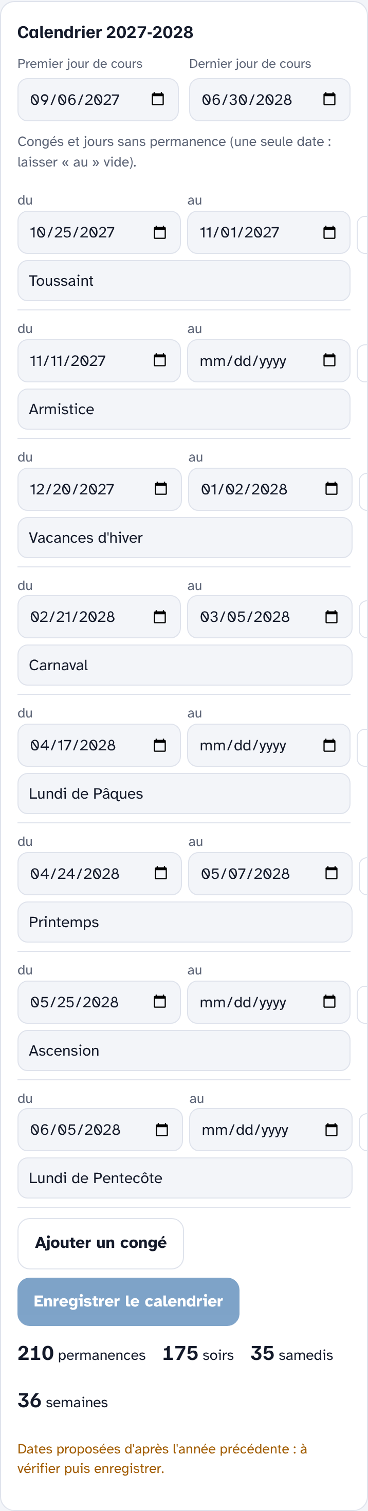 Calendrier de l'année avec premier et dernier jour et congés