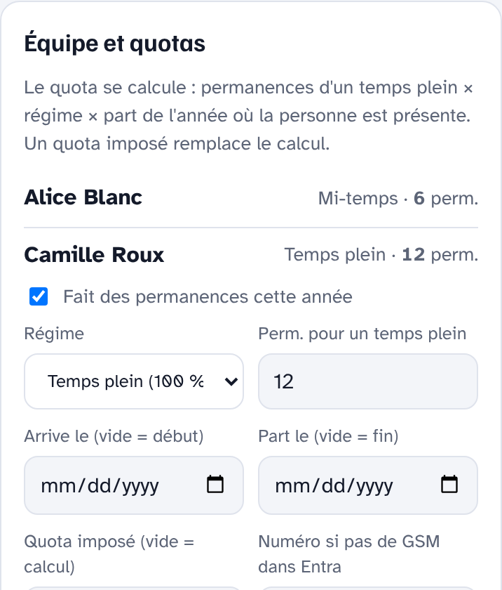 Fiche d'une personne : régime, dates, quota