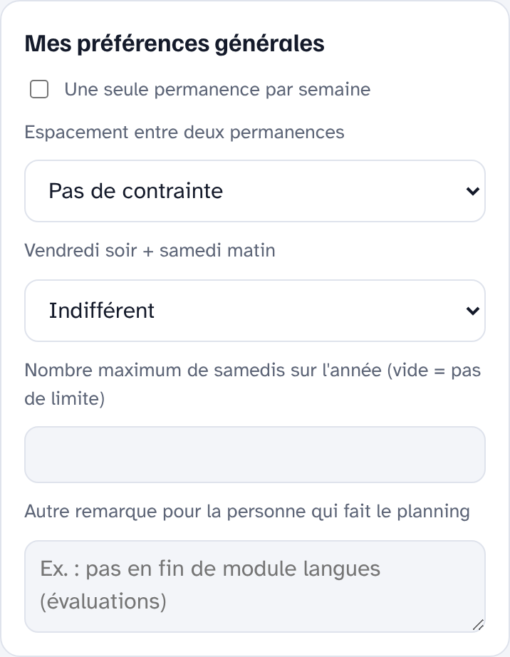 Carte Mes préférences générales